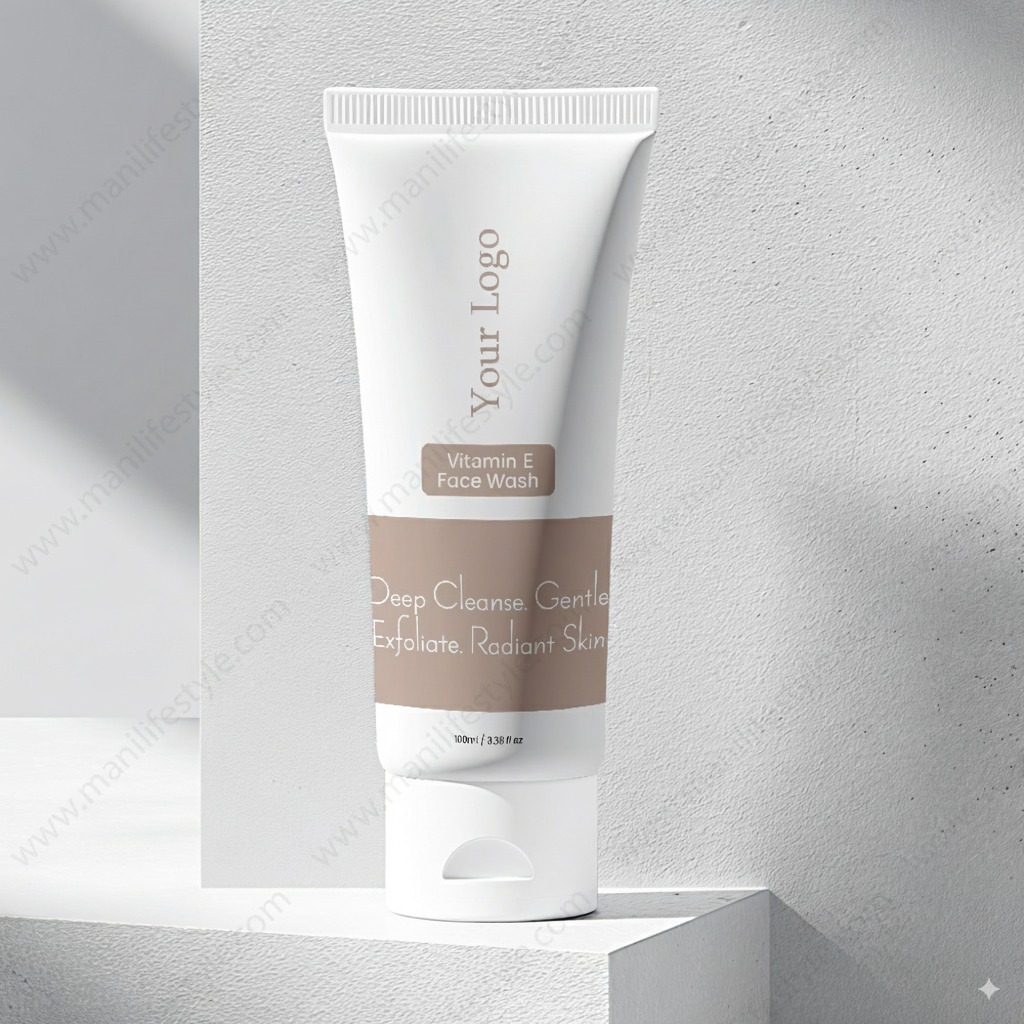 Vitamin E face wash product tube with a soft, clean background